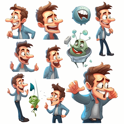 draw vector cartoon style 6 caricatured symbols for variation of attention-grabbing internet content, in the style of precisionist style, 2d game art, the vancouver school, handsome, smilecore, quadratura