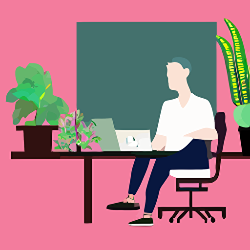man sitting table laptop office chair face camera office interior lots plants vector illustration hard edges calm color palette