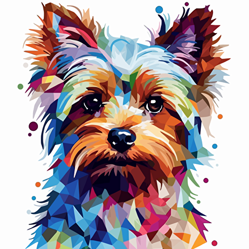 low res, colorful tiled yorkshire terrier dog, vector art, white background