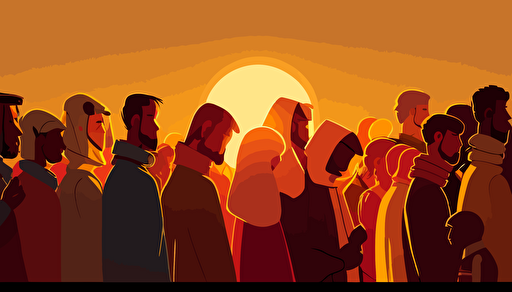 Vector Art, WIDE ANGLE shot perspective. The Sun is starting to set on a warm summer day. a SMALL GROUP of modern day Christians of all ages, who've gathered casually to pray as the sun goes down, They are attired for the summer. They are huddled together, praying with heads bowed and holding each other's hands facing the beautiful sun as it begins to set on the distant horizon. Soft, richly colored image