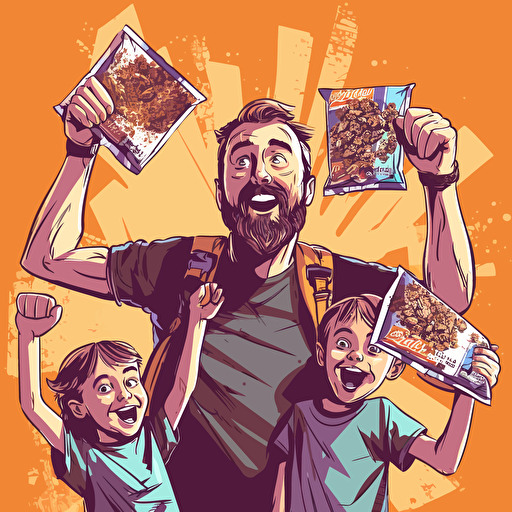 vector art, dad eating an energy bar, kids hanging off his arms