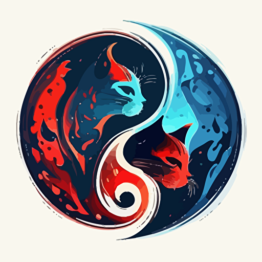 two cats in yin yang style, blue and red colors, vector