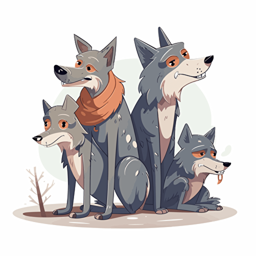 three sitting wolves, two of them dangerous and one handicapped, cartoon style, vector.