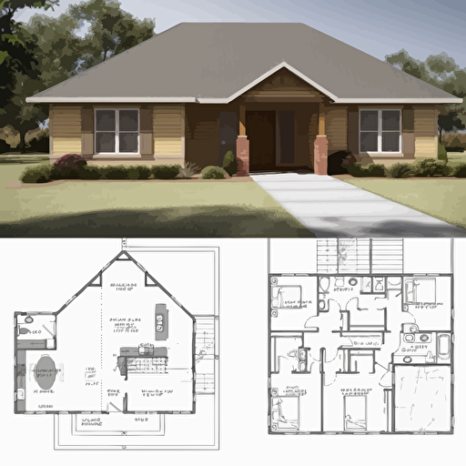 single family home floor plan CAD, 2D,, simple vector drawing, 3 bedroom, 2 bath, 2 car garage, covered rear porch