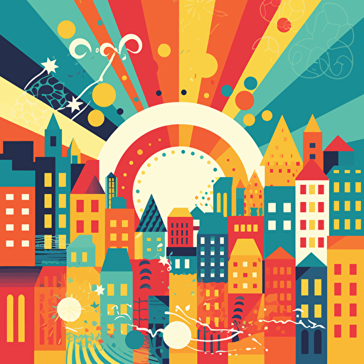 a basic city themed card back design that is rotationally symmetric, in fun primary colours with a vector art style