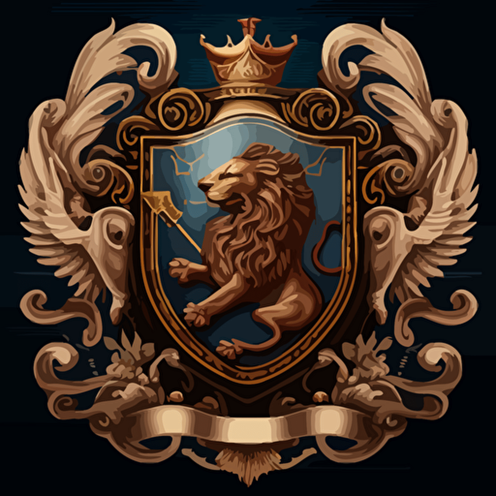 elegant coat of arms vector grahics, center lion holding a ship. Above a majestic helm with a golden crown, on the left a wing, on the right a sea creature. High-Resolution Illustration