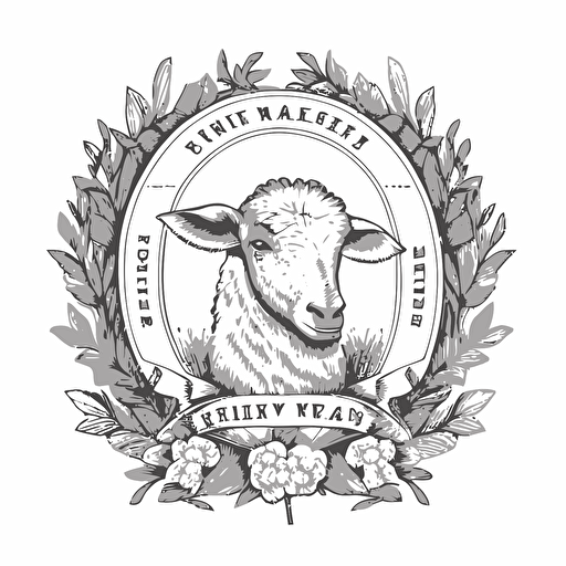 line drawing coat of arms, iowa barn:2, sheep head, corn wreath:2, Vector
