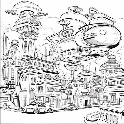 Futuristic City. Flying Cars. Cartoon. Coloring page. Vector. Simple.