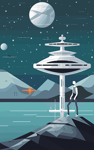 flat vector 80s illustration of a grey alien stood next to a sports spaceship, arms folded, looking at the milky way over an alien sea