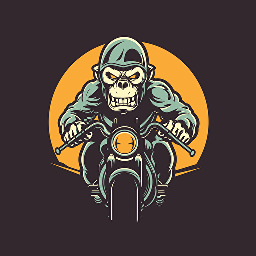 a minimal vector image logo of a chimpanzee, he is riding a motorcycle, only 3 color