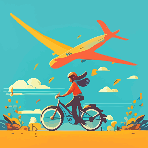 minimalistic illustration style girl riding bike in ukraine with plane flying on the background optimistic scenes of life calm colour palette 2D vector, Andrew Lyons style