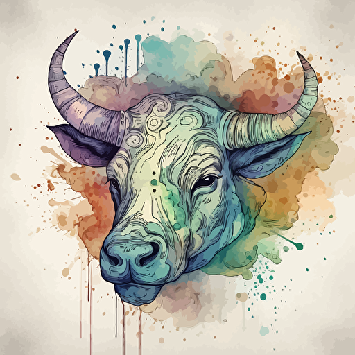 vector line drawing of taurus bull head, with multicolor, watercolor background.