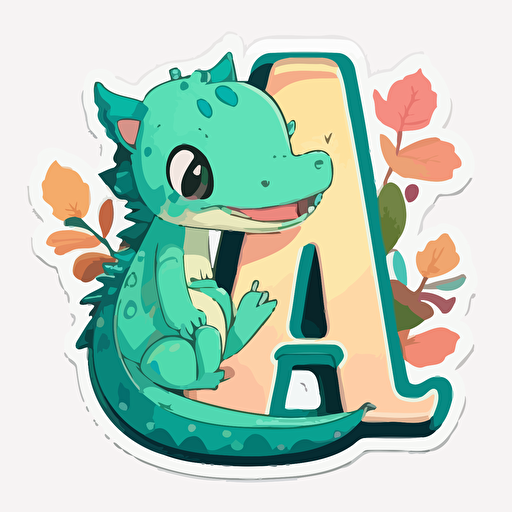 sticker flat vector art,2D kawaii, baby alligatr sitting on the letter A,cute,colorful disney-inspired