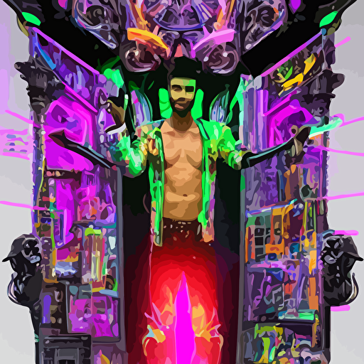 body bladerunner neon baroque style sculpture handsome colombiano maluma half cibernetic android chest opening exposing circuitry electric sparks glowing laser beam eyes crown giant diamonds flowing neon colored silk fabric raptors intricate artwork caravaggio trending artstation industrial lighting photorealistic octane render 8k depth field 3d