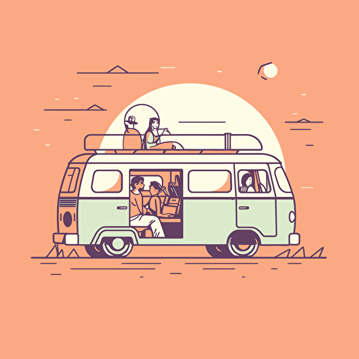 very simple line illustration of a family travelling inside the front cabin of a campervan, simplistic vector art style