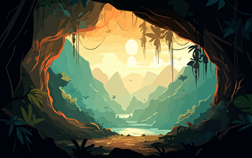 Looking out from the edge of a tropical cave, filled partially with vines and vegetation, looking out into a vast landscape of lush jungle trees covered in vines and leaves with mountain peaks in background with the sun shining through the clouds high quality cartoon style warm lighting early morning vibe vibrant dramatic lighting vector illustration