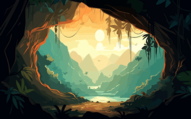 Looking out from the edge of a tropical cave, filled partially with vines and vegetation, looking out into a vast landscape of lush jungle trees covered in vines and leaves with mountain peaks in background with the sun shining through the clouds high quality cartoon style warm lighting early morning vibe vibrant dramatic lighting vector illustration