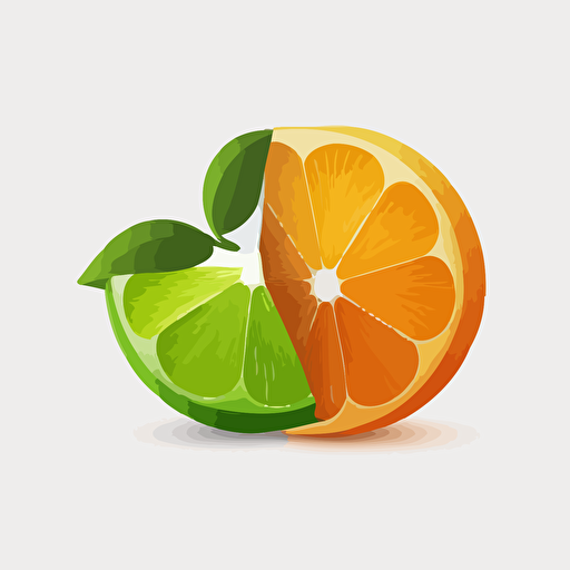minimalist, orange fruit with half of a green lime in front, 2d, clean, illustration, vector, white background, cartoon, logo, clean