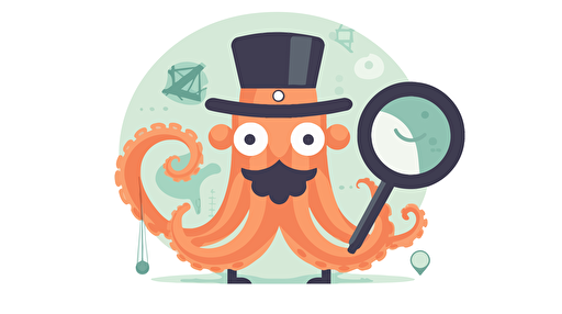simplified flat art vector image of octopus, magnifying glass, tiny hat, white background