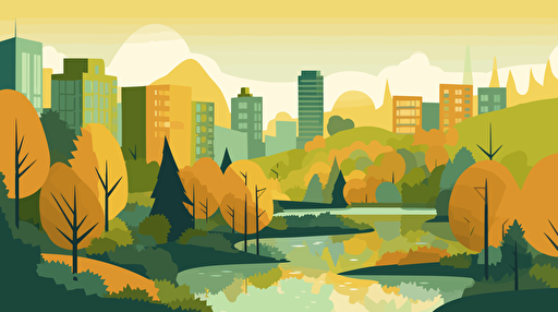 vector art of a city surronded by forests and montains, add a river going through the city, the main colours are green and yellow,