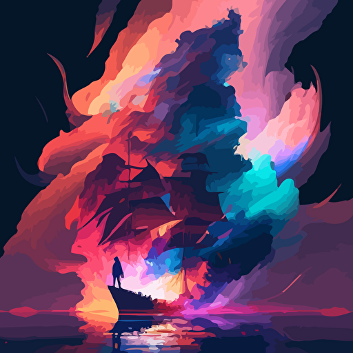 a flagship sailing into the purgatory,, giant clouds with human forms and silouettes, artistic, colorful, epic, fantastic, fantasy, magic, particles, vectors