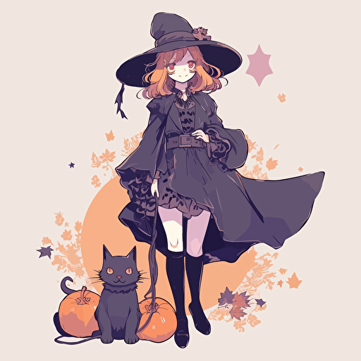 An 2D illustration of a cute witch wear a witch hat and modern clothes, holding a cat, magic color, flower in back. comic book style, crisp clean vector
