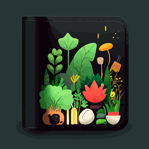 vector illustration of a wallet full of plants inside on black background, Minimalistic, app-style logo, studio ghibli, beautiful homepage, front view