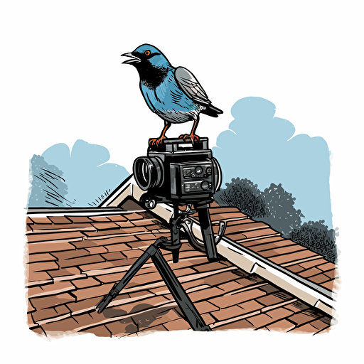 apus apus on a shingled rooftop taking photos with a DSLR on a tripod, vector image, simple, three color, blue, black, white,