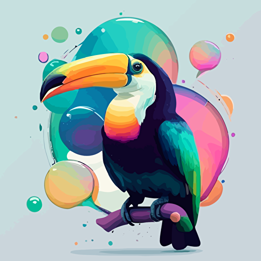 vector illustration of a toucan with comic talking buble::colorful, vaporwave colors, no background, vector design