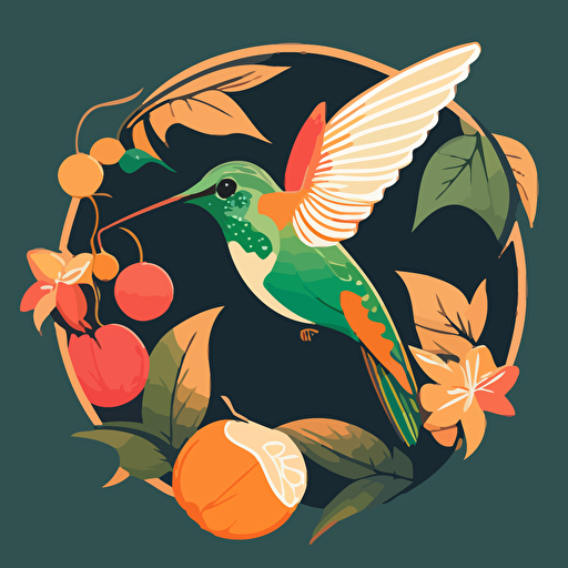 Pop Art Deco Hummingbird, Vector, Logo, green, pink, orange , floral, fruits