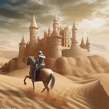 A knight made of sand, riding a tall horse, also made of sand, galloping on the desert. The wind blows and there are many sand particles around him. The background is a castle made of sand, with a square castle and a tall tower in the middle. There are small towers and walls on the left and right sides. Infinite region, in the style of surprise influence, ahmed morsi, precision influence, dynamic balance, vectorialism influence