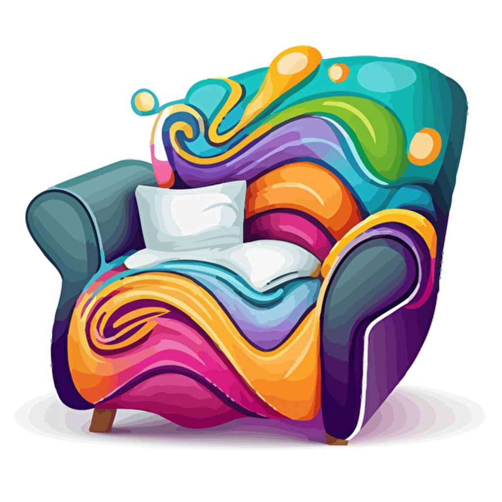 oversized stuffed chair with a throw blanket, Sticker, Joyful, Electric Colors, cartoon, Contour, Vector, White Background, Detailed