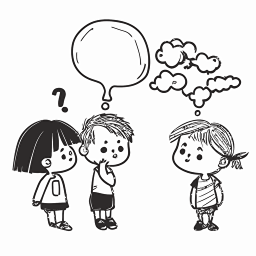 Illustrations of children happily thinking about the future, flat design,vector art, line drawing, black and white, simple and beautiful,