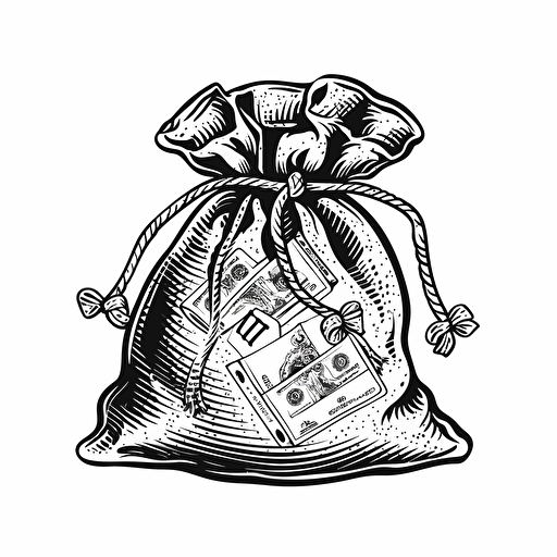 a money logo, money bag full of cash, black and white, white background, vector, png