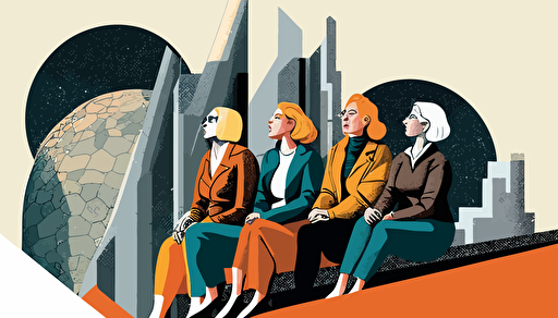 group of middle-aged women, multi-national, sitting on unfinished sky-scrapper beam, futurism vector art, global perspective