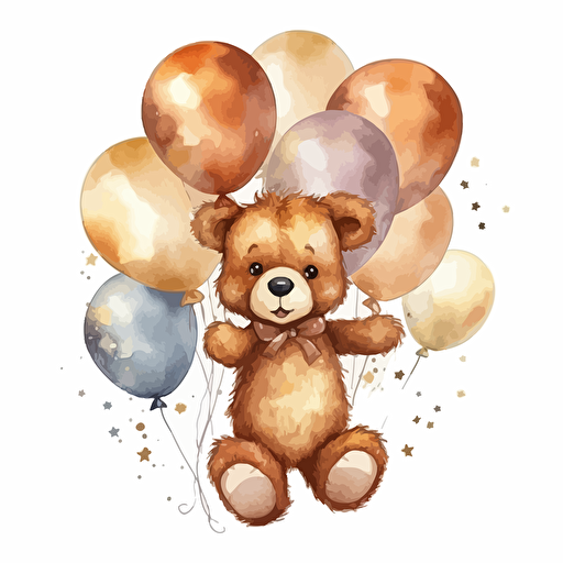 cute teddy bear wearing a golden bow holding many balloons in shades of brown, watercolor, vector