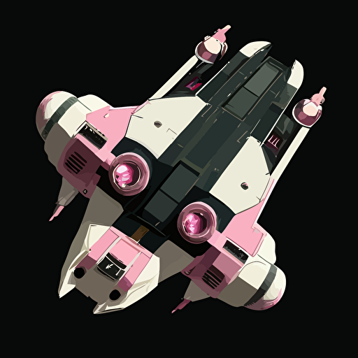 Pink and white space ship on black background, top-down view, clean, simple, no shadows, vector