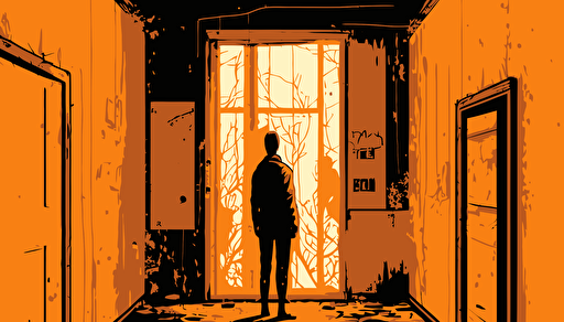 illustration of a man standing in a decrepit old orange room, vector, 2d animation