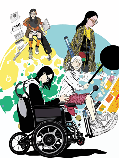 Japanese comic book エイチ・ツー style, a young climate activist, a feminist, a female human rights activist, and a person in a wheelchair imagine a "hammer" and a "keyboard," together on a big stage, and their imagined hammer and keyboard shapes float in a single bubble(Non-letter illustrations). white background, vector, illust