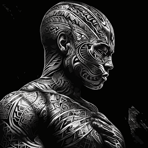 hyper detailed vector illustration of mayan mma fighter shadowboxing, black white and grays, black background, poster quality