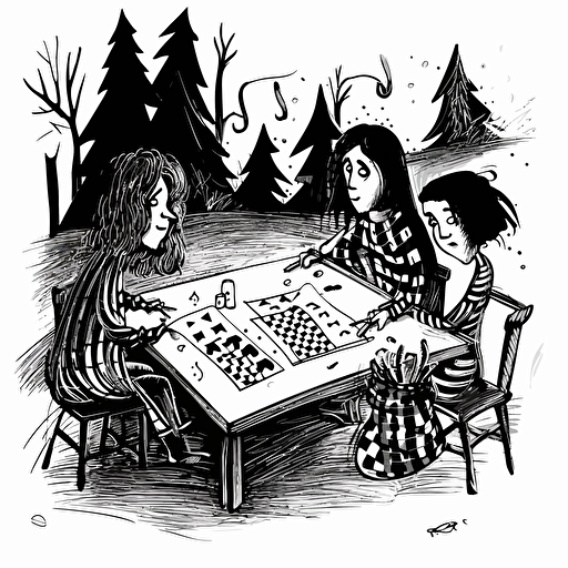 Cabin, "people playing board games": 2, logo: 3, black white drawing, vector, in style of tim burton
