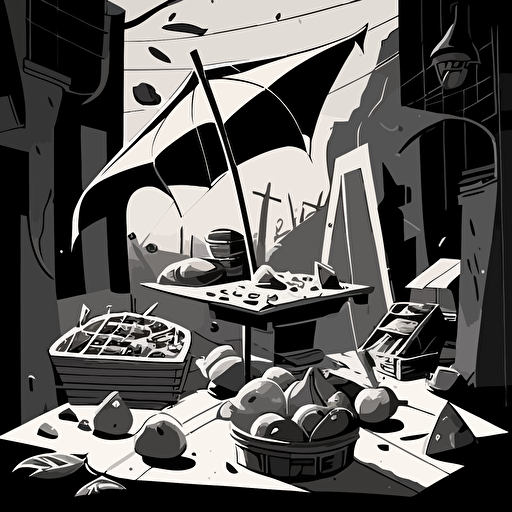 Black and WHite vector illustration of broken fruit stands in town