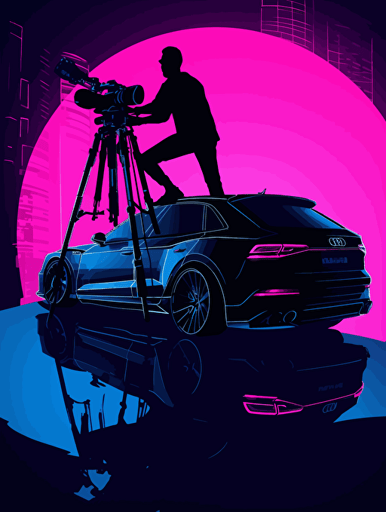 An action camera captures a low angle shot of Nolan's Batman sitting in a 2023 audi a5 sportback and Rococo neon light,vector illustration, silhouette of a person extreme sports, dynamic posture