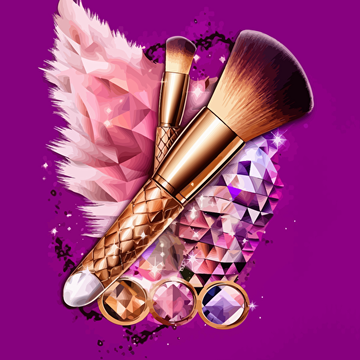 luxury expensive makeup brushs, big and small brush, pink purple, golden body, illustration, vector art, 2d game art, transparent background, with ribbon, diamond