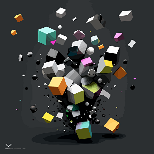 vector art minimal, cudes that makes up a funnel, gray and black colors on the exterior print layer , delicacy, with smaler cube being released from the bottom of the fullen, interlayer of 1/2 size small muilti-colored cubes inside falling out of the cube, with different shades, black background, only cudes