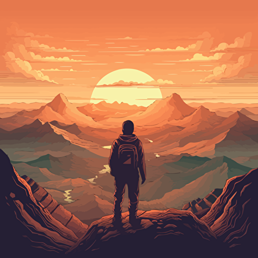 vector art of a man standing on top of a mountain looking at the sunset, detailed,