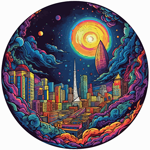 colorful vector art, san francisco in a worm hole and colorful galaxy in the background