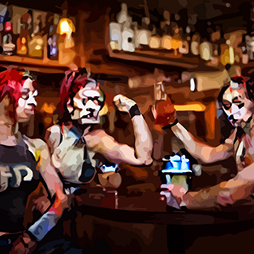 photo bar fight inside pub attractive cosplayers leica symmetrical faces muscles detailed faces accurate faces 4k 3d render hyperrealism editorial photorealistic crisp details sharp focus wide angle lens octane render cinematic lighting