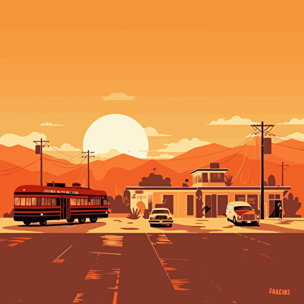desert town, with gas station and caravans, sunny, mondo poster, silhouette, minimal illustration, vector art, dkng style, 5 retro colours