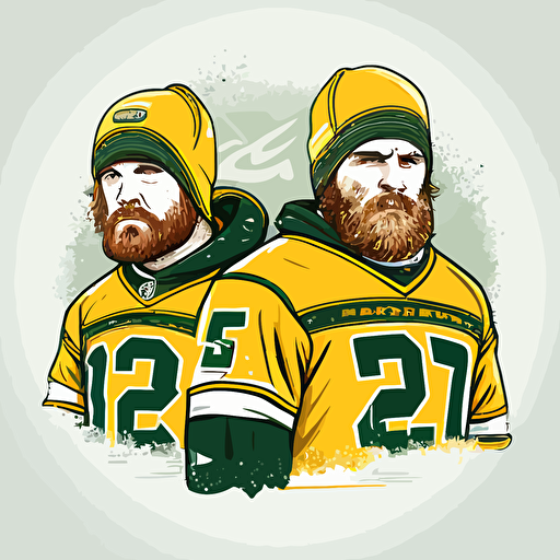 two brothers, Brozen Tundra, very cold, icy, looking tough,champions, wearing green and yellow, wearing an oblong brown football, sports logo style, white background, vector